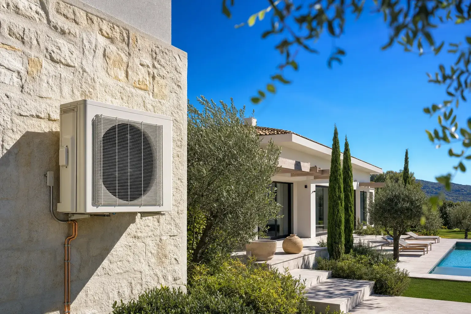 Unité extérieure de climatisation installée sur une villa méditerranéenne près de Montpellier