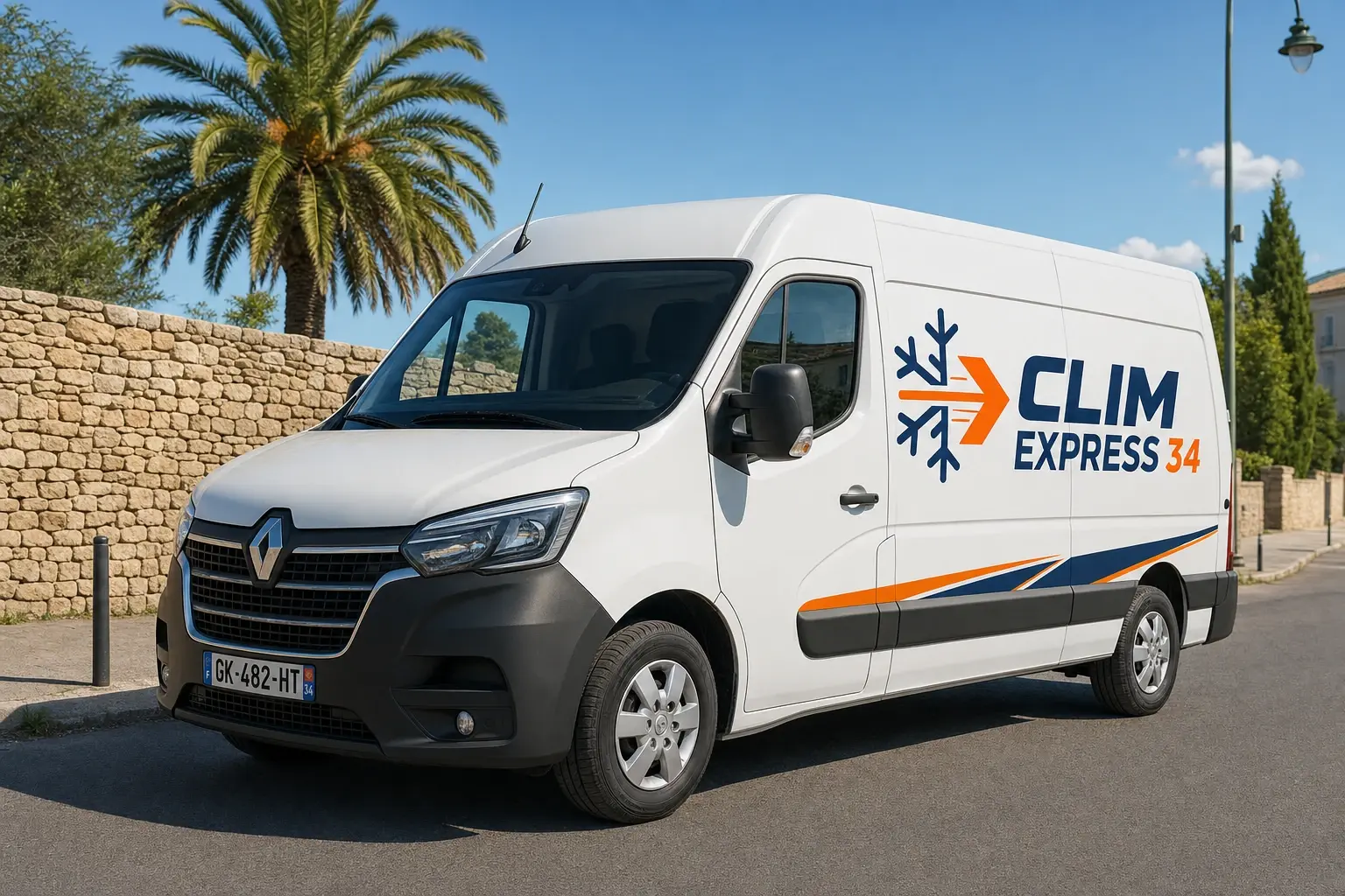 Camion CLIM EXPRESS 34 floqué, dans une rue ensoleillée de l'Hérault